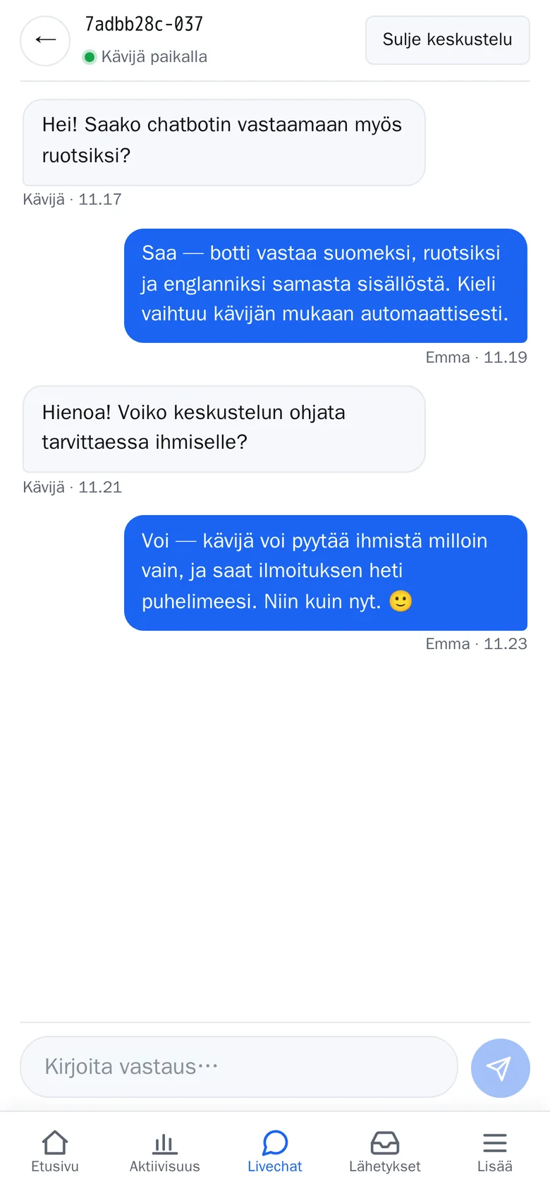 Gosoft Connect -livechat puhelimessa - agentti vastaa kävijälle